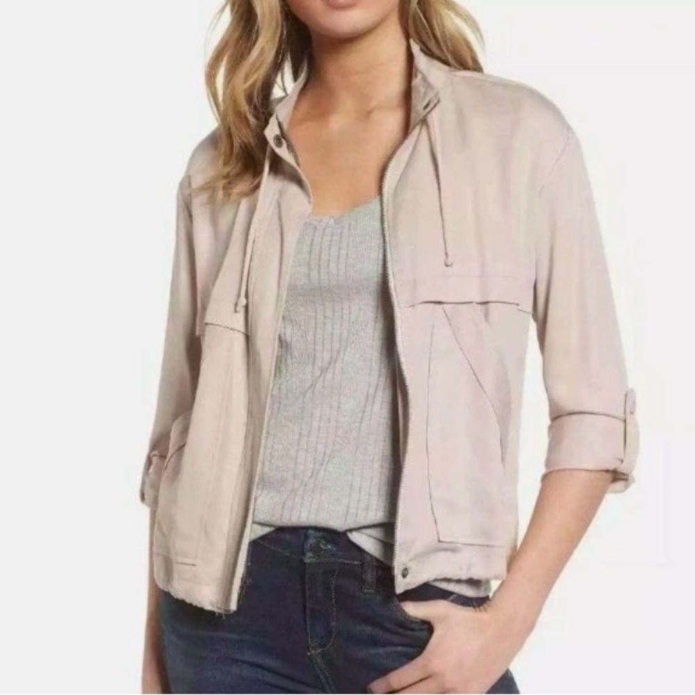 BB Dakota Blush Pink Beige Utility Jacket Sz L Chic Lightweight Zip Front